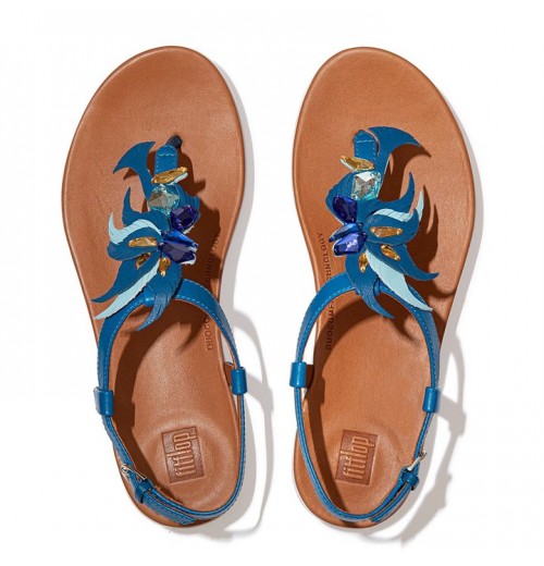 Tia Jewel Feather Leather Back-Strap Sandals