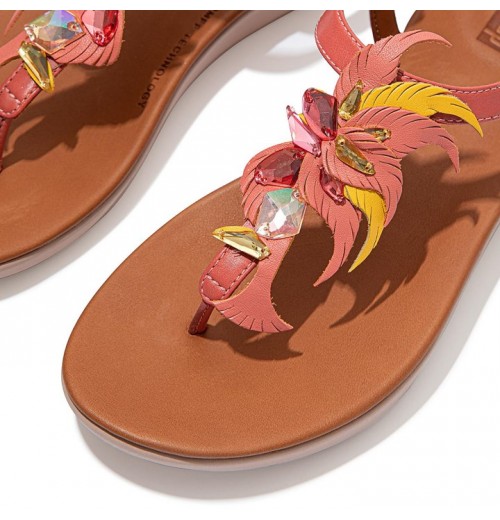 Tia Jewel Feather Leather Back-Strap Sandals