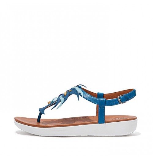 Tia Jewel Feather Leather Back-Strap Sandals