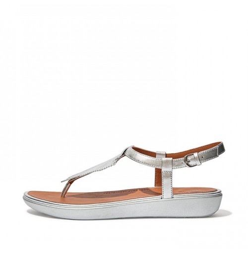 Tia Feather Metallic Leather Back-Strap Sandals