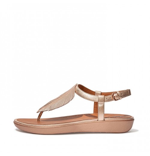 Tia Feather Metallic Leather Back-Strap Sandals