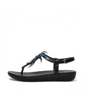 Tia Jewel Feather Leather Back-Strap Sandals