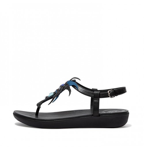 Tia Jewel Feather Leather Back-Strap Sandals