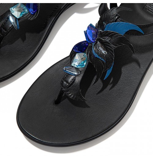 Tia Jewel Feather Leather Back-Strap Sandals