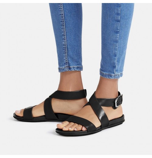 Gracie Buckle Leather Ankle-Strap Back-Strap Sandals